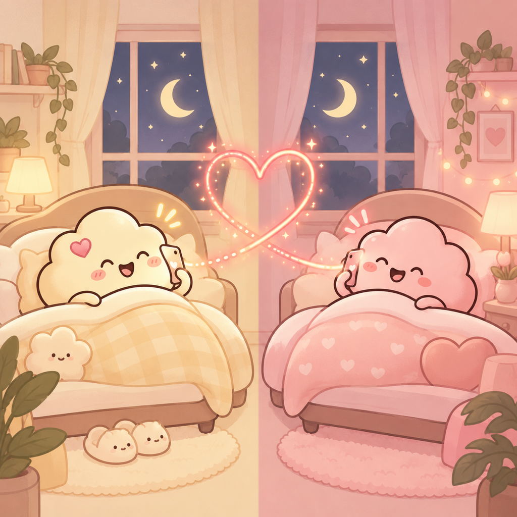 Two cute cloud characters in separate cosy bedrooms at night, laughing on phone calls, joined by a glowing dotted heart